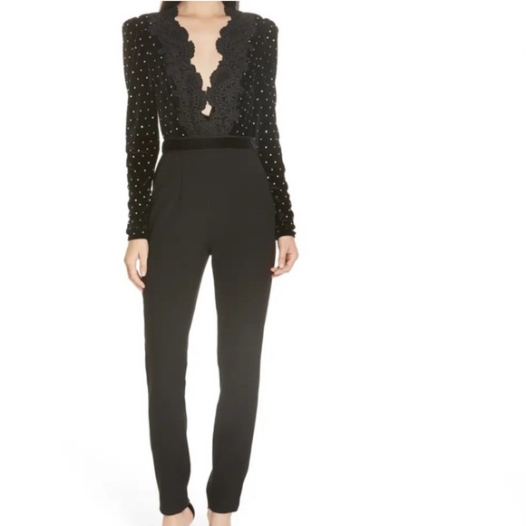 Self-Portrait Pants - Self-Portrait Black Velvet Jumpsuit with Lace